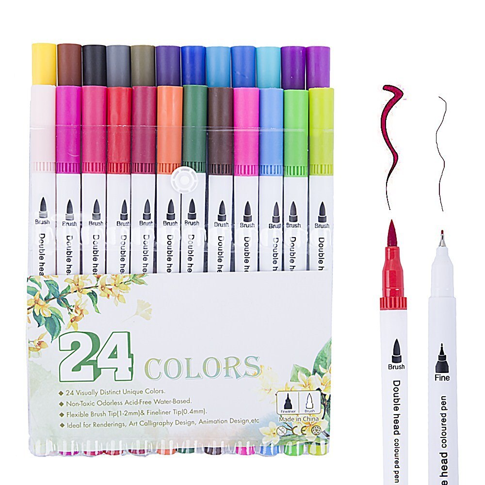 24/36/48/60/80/100 stk farver kunstmarkører fin liner dobbelt tip børste markør pen sæt til voksen tegning kalligrafi: 24 farver
