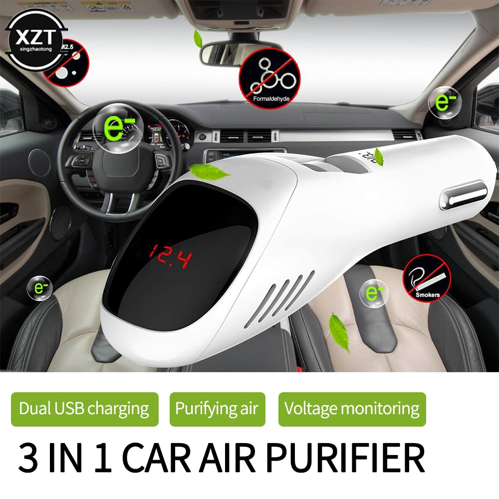 Car Air Purifier 12V 24V Negative Ions Air Cleaner Ionizer Air Freshener Auto Mist Dual USB Fast Car Charger HD Digital Displa