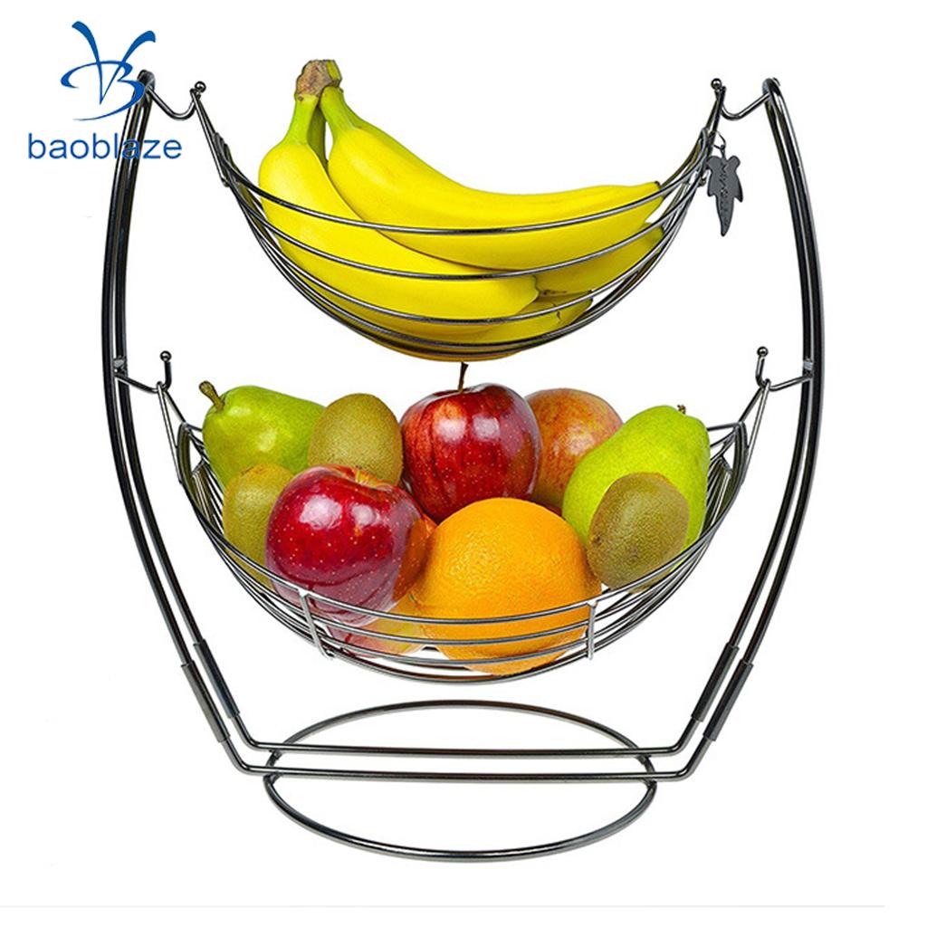 2 Tier Fruit Basket Durable Metal Fresh Fruit Baskets Oranges Storage Bowl