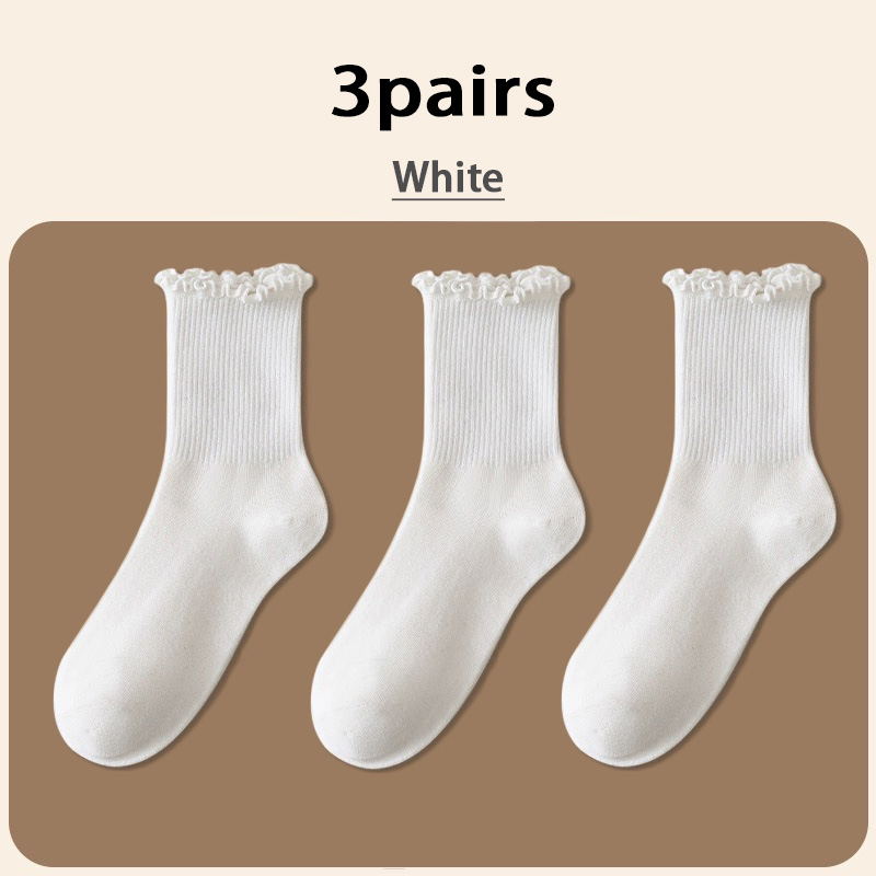 Calcetines con volantes para mujer, 3 par/lote, tubo medio hasta el tobillo, Calcetines blancos y negros transpirables, Calcetines femeninos para primavera y otoño: Azul