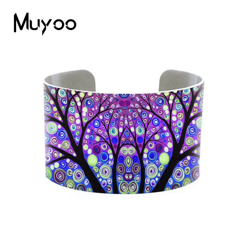 Original Abstract Landscape Painting Handmade Aluminum Cuff Vintage Tree Art Oil Painting Adjustable Bangles Cuff