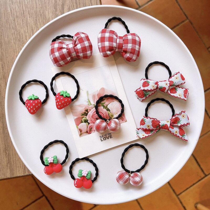 10 stücke Koreanische Süße Kawaii Baby Mädchen Elastische Haar Bands Stoff Blumen- Bogen Haar Seil für freundlicher Kleine Mädchen Haar zubehör: 10Stck Kirsche