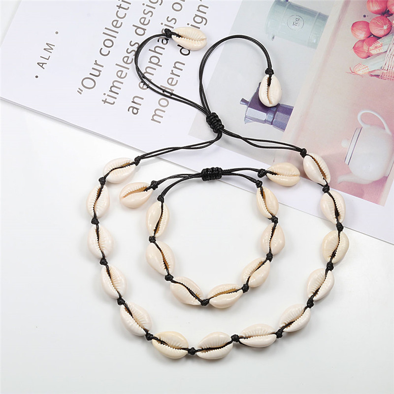 Natural Cowrie Shell Bracelet Necklace Set For Women Handmade Woven Boho Hawaii Beach Shell Adjustable Choker Girl Festival