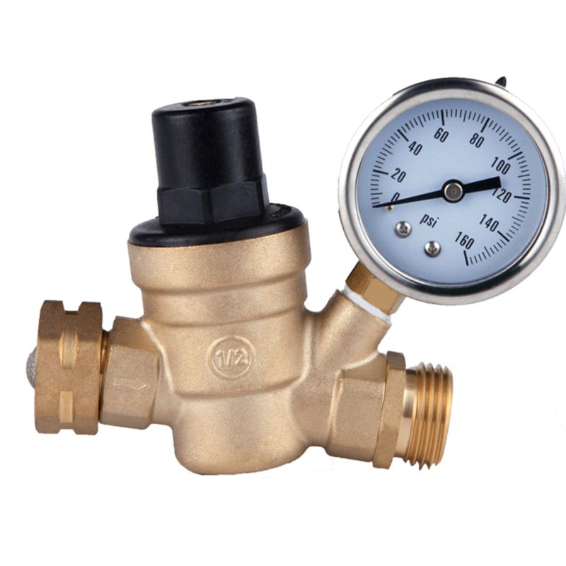 Brass Water Pressure Regulator 3/4 Lead-Free with Gauge Adjustable Water Pressure Regulator,Build-in Oil (NH Threads)