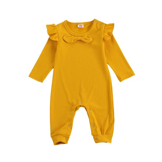 3-12M Herfst Effen Geribbelde Jumpsuit Peuter Jongen Baby Baby Meisjes Lange Flying Mouwen Strik Hals Geribbelde Knop romper Broek: YELLOW / 12m