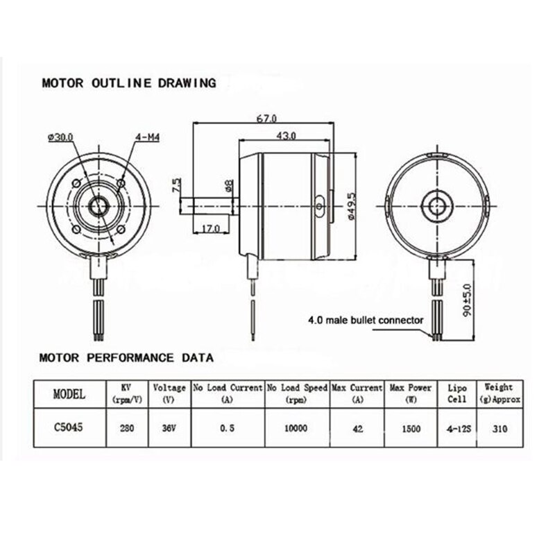 5045 140KV Brushless Outrunner Motor 4-12S 36V Sensorless for RC Electric Balancing Scooter Skateboard