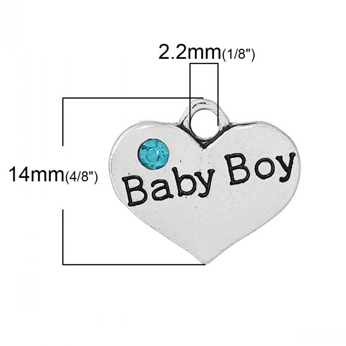 Doreen Box Charm Pendants Heart Silver Color Message&quot;Baby Boy&quot;Carved Skyblue Rhinestone 16mm x 14mm(5/8&quot; x 4/8&quot;),20 PCs