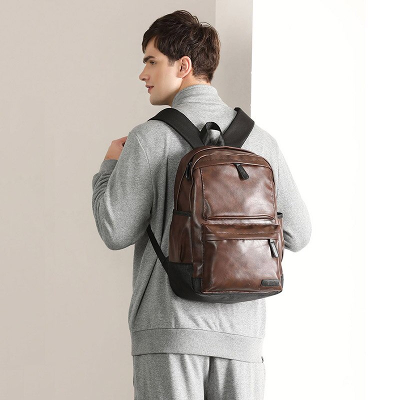 Casual PU Leather Men Backpack Waterproof Solid School Bags Leather Travel Laptop Backpack Men