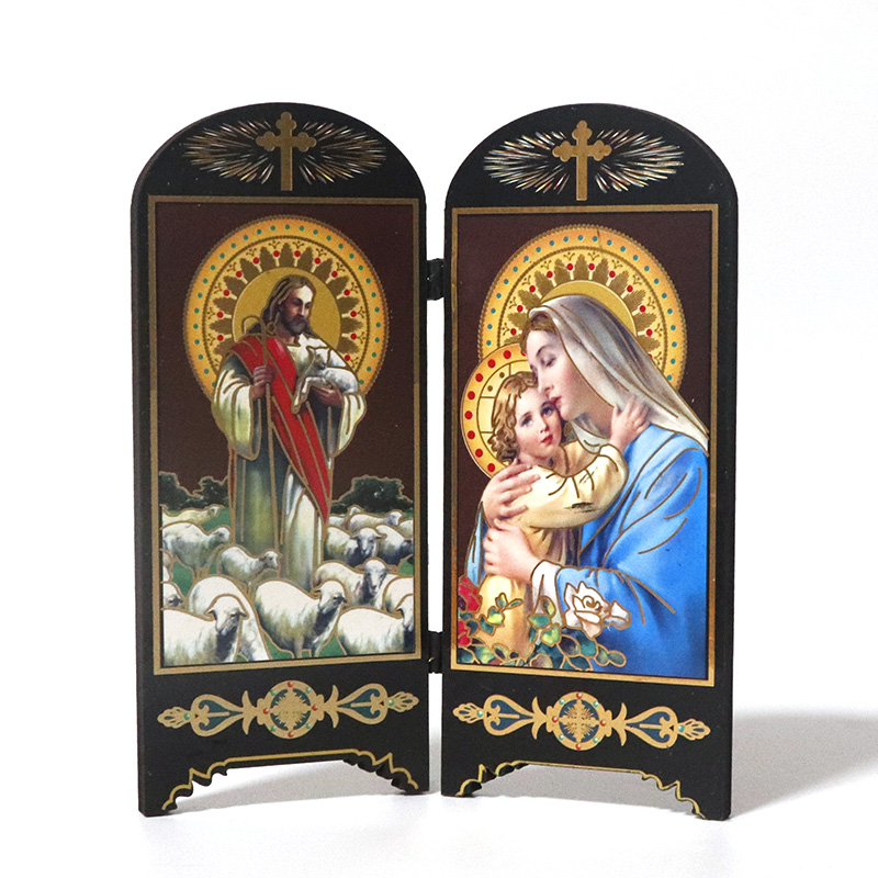 Articulos religiosos catolico religiøs figur ikon dobbeltskærm skrivebord dekoration jesus kristus hellige hjerte jomfru maria figurer: 46-8