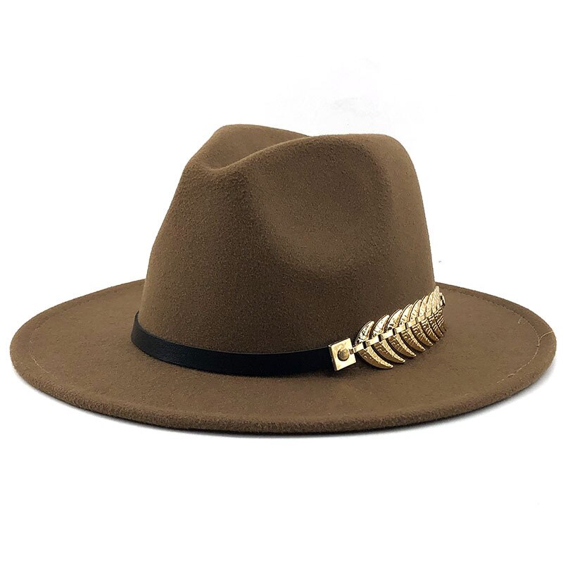 Female Jazz Hat Fashionable Metal Leaf Jazz Hat Woolen Winter Fedora Hat for Women: Khaki