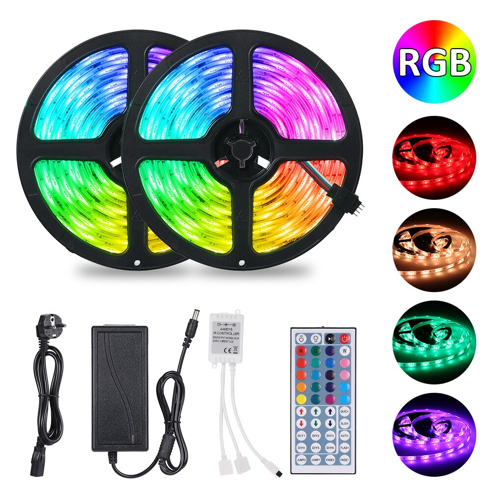 2x5m 300leds RGB Strip Lights Kit with 44 Keys IR Remote Controller Dimmable Color Rope Lights IP65 for Home Kitchen Christmas