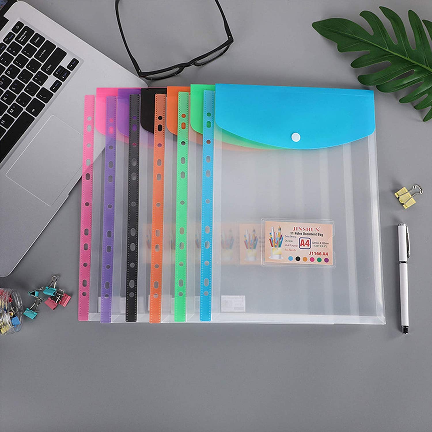 A4 Clear Plastic Punched Pockets with Button Closure for Home Office and School Files 11 Hole Binder Envelopes Folders Organizer: A4-Assorted-6pcs