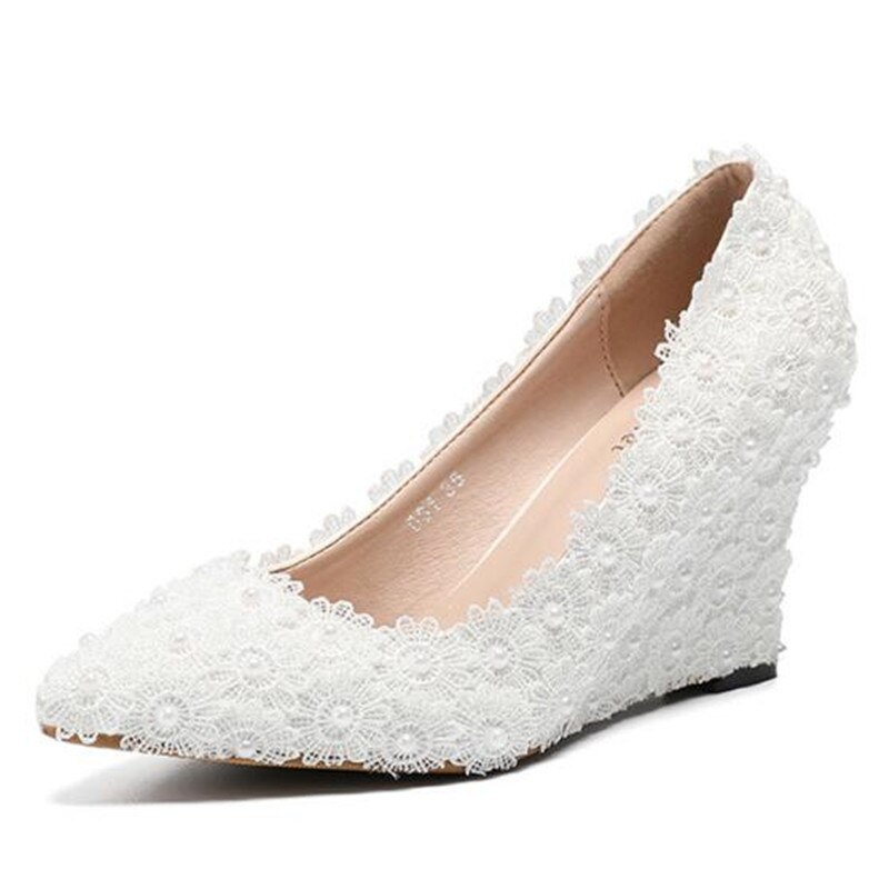 Dress Women Pumps Wedges High Heels Party Shoes Women Nightclub Lace Slip On 8CM Pointed Toe Office &amp; Career Wedding Flower: 5