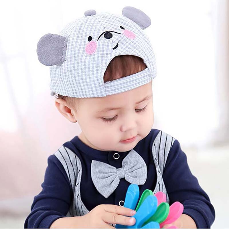 Cute Cartoon Baby Cap With Ears Summer Newborn Adjustable Baseball Cap Cotton Baby Girl Boy Hat Plaid Toddler Kids Sun Hat