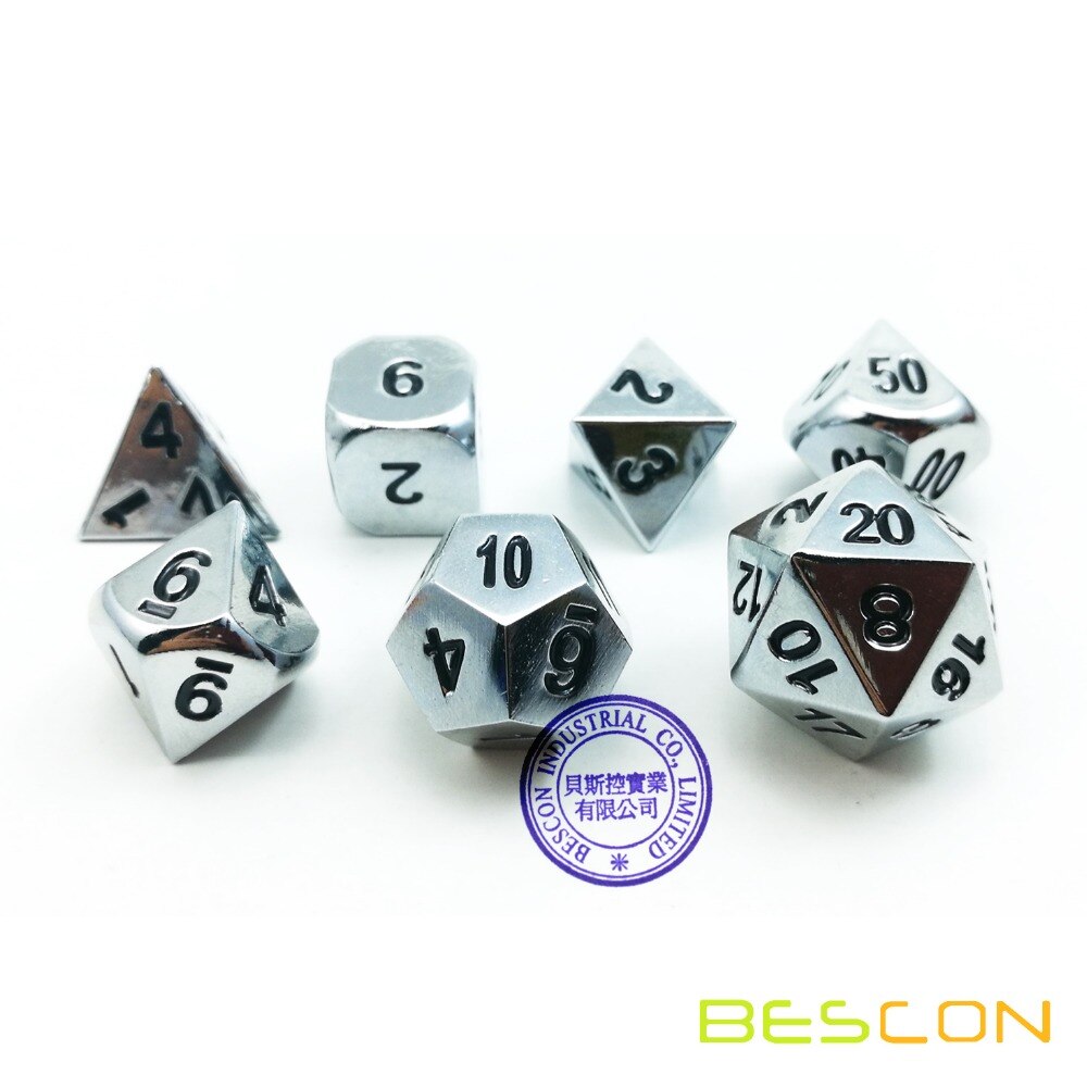 Bescon super skinnende blank sølv metal 7 stk polyhedral terningssæt, krom metal rpg spil terninger 7 stk sæt