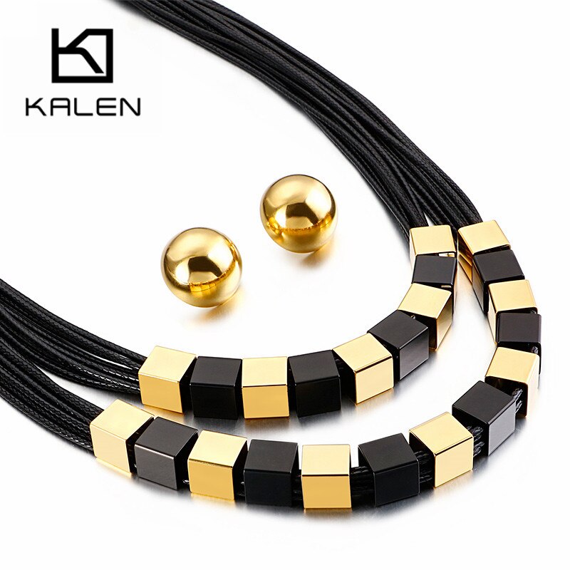 KALEN Leather Rope Choker Jewellery Multiple Color Stainless Steel Necklace Earrings Sets For Women Dubai Femme Jewelry Sets