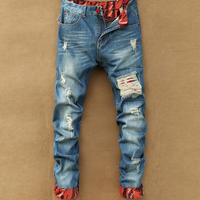 Autumn Spring Men's Ripped Retro Street HIP HOP Punk Stretch Bike Jeans Trendy Holes Straight Denim Trousers: 38