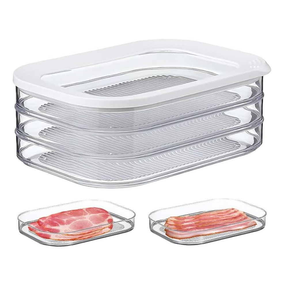 Récipient à viande pour réfrigérateur, bacon, déjeuner, récipient à viande pour réfrigérateur, conteneurs de préparation de repas, boîtes de stockage des aliments empilables avec couvercle: WHITE