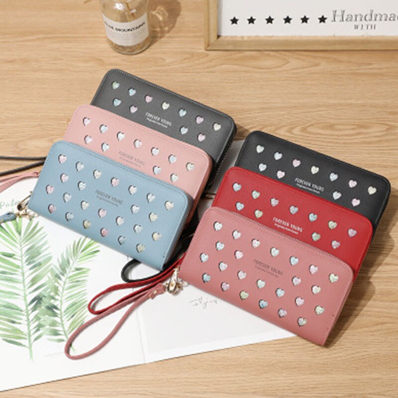 Carteira de couro para mulheres, nova carteira feminina feita em couro com zíper, grande capacidade, suporte para celular, cor amor, oco, cartão, 2019 carteiras
