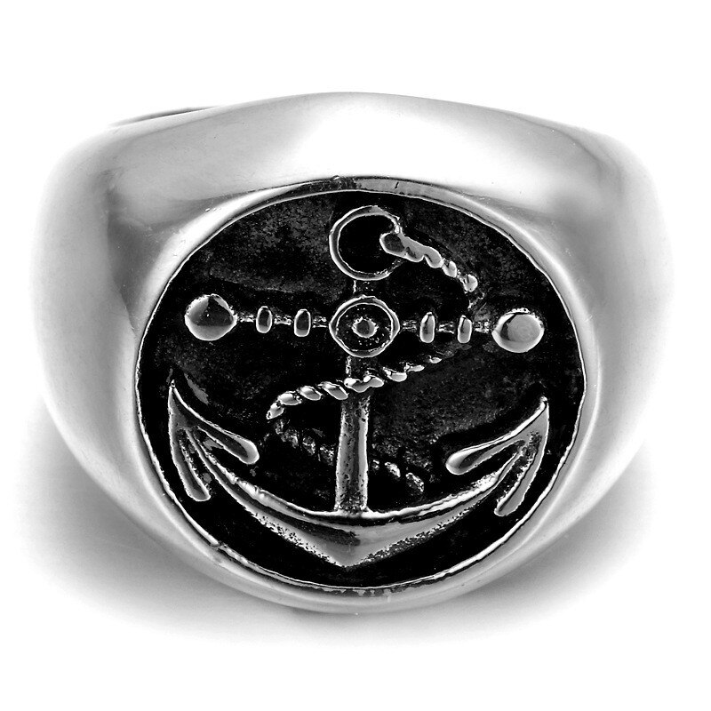 Anillo de motorista de acero inoxidable para hombre, color plateado, ancla marina, marinero, 316L