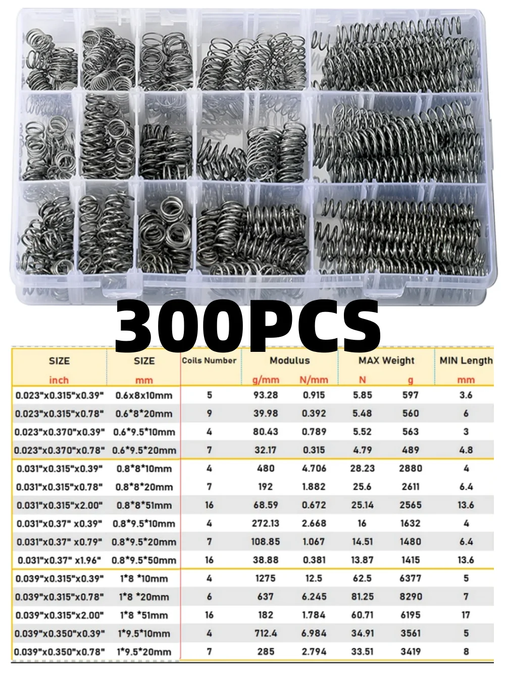 Kit de resorte de compresión de acero inoxidable de 300 piezas, 15 tamaños (0,39-2 pulgadas/10-50 mm), kit de resorte de compresión versátil