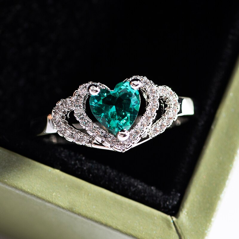 Crystal green zircon heart Shaped Wedding Rings For Women Rose Gold Engagement Rings Jewelry