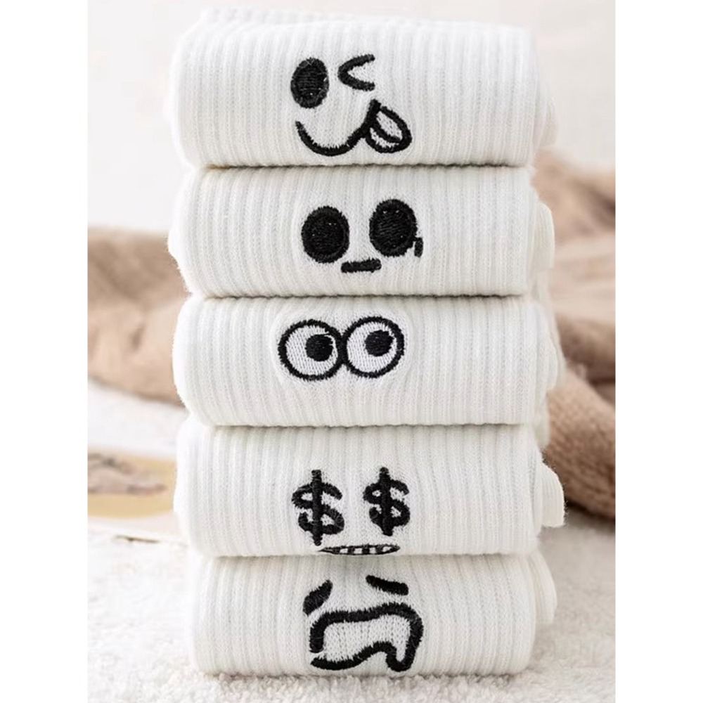 1/5 paar damessokken, puur witte sokken, herfst- en winterlange sokken, dikke pluche katoenen sokken, schattige emoticon tas sokken: One-size / Beige