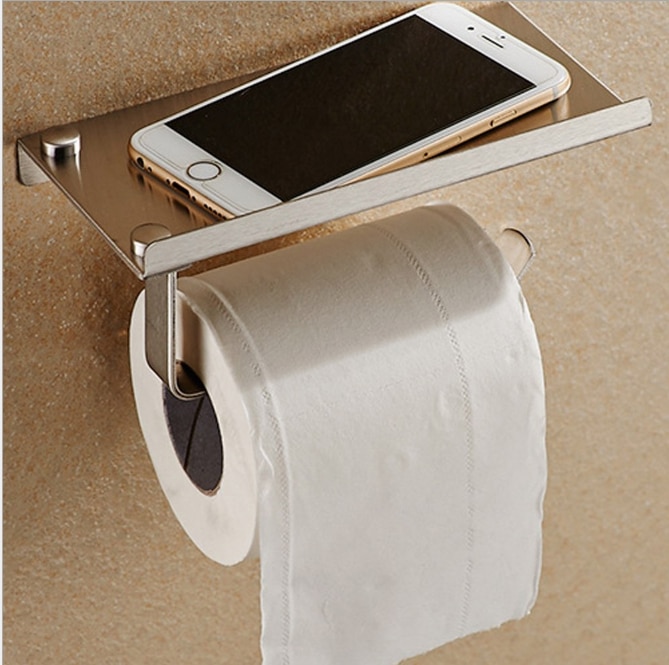 Badkamer Toilet Roll Paper Holder Wall Mount Roestvrij Staal Badkamer Wc Papier Telefoon Houder Met Opslag Plank Rek