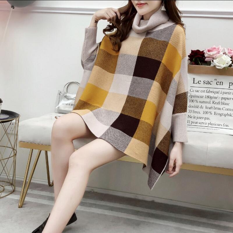 manteau lâche col haut à carreaux châle chandail femme manches chauve-souris chandail