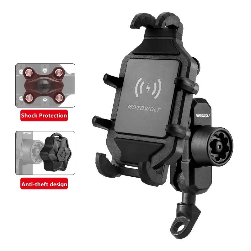 Soporte de teléfono para motocicleta, soporte de teléfono móvil para bicicleta, soporte de teléfono celular para bicicleta con cargador inalámbrico de carga rápida USB QC3.0: Negro