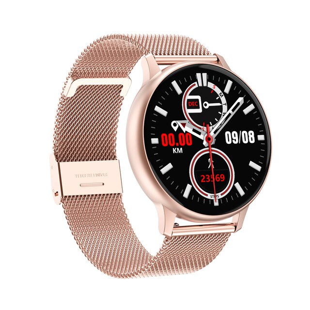 Smart klocka män kvinnor pekskärm intelligent fitnessklocka pulsmätare bluetooth steps tracker sportklocka: Rosa guldstål