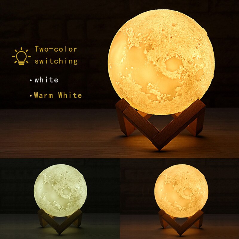 lámpara de luna de forma redonda impresión 3D lámpara de luz Led de Luna recargable por USB, para decoración del hogar y para enamorados, padres, amigo
