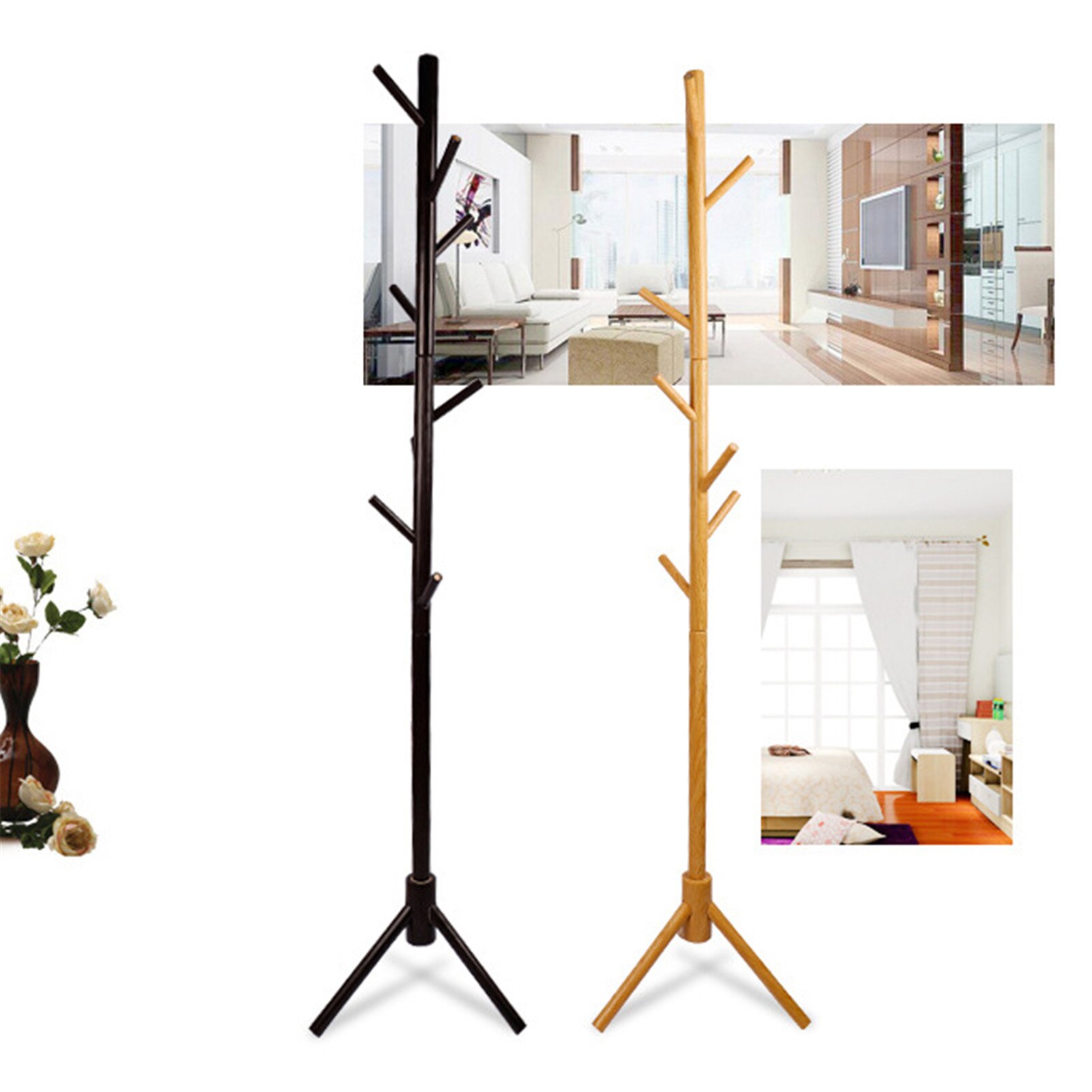 Wood Hangers Hat Coat Display Floor Standing Rack 6 Hooks Clothes Hanger Bedroom Clothing Organizer