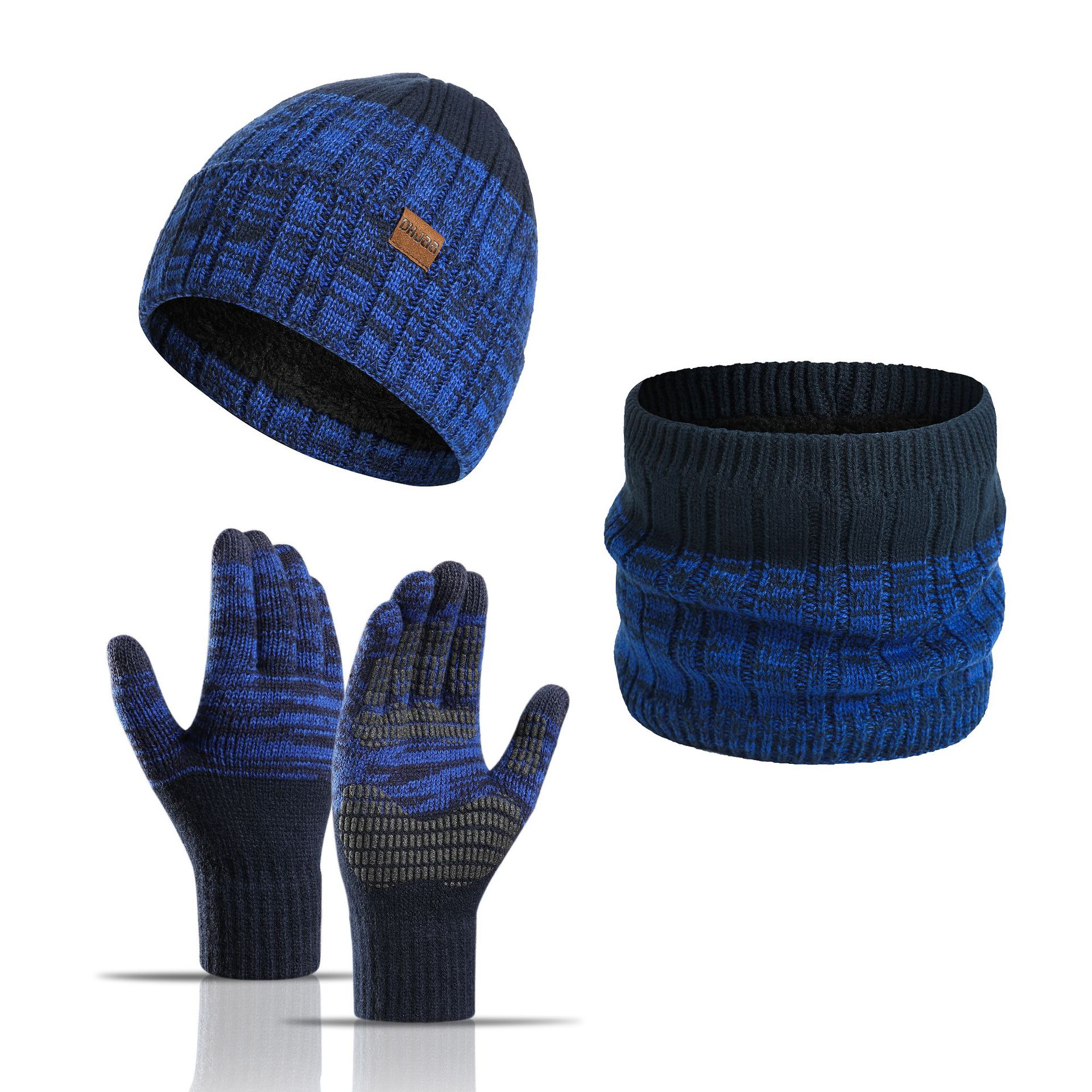 3pcs/set Winter Autumn Knitted Scarf Hat Glove Sets Warm Windproof Thickened Soft Touch Screen Gloves Suit: navy blue