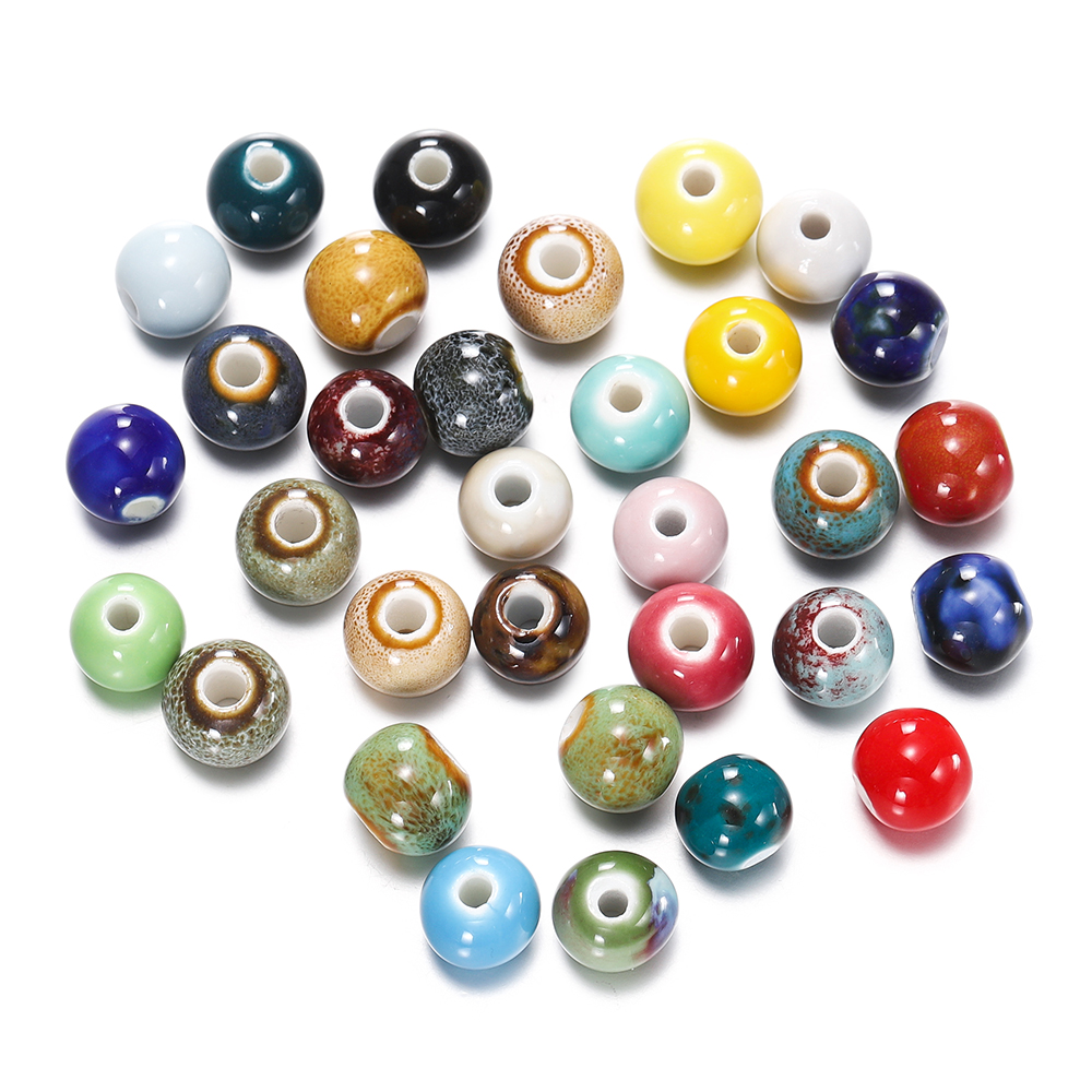 50 stk. 6/8/10mm keramiske perler stort hul gør-det-selv håndlavede afstandsstykker løse runde porcelænsperler til smykkefremstillingstilbehør: Blå / 10mm
