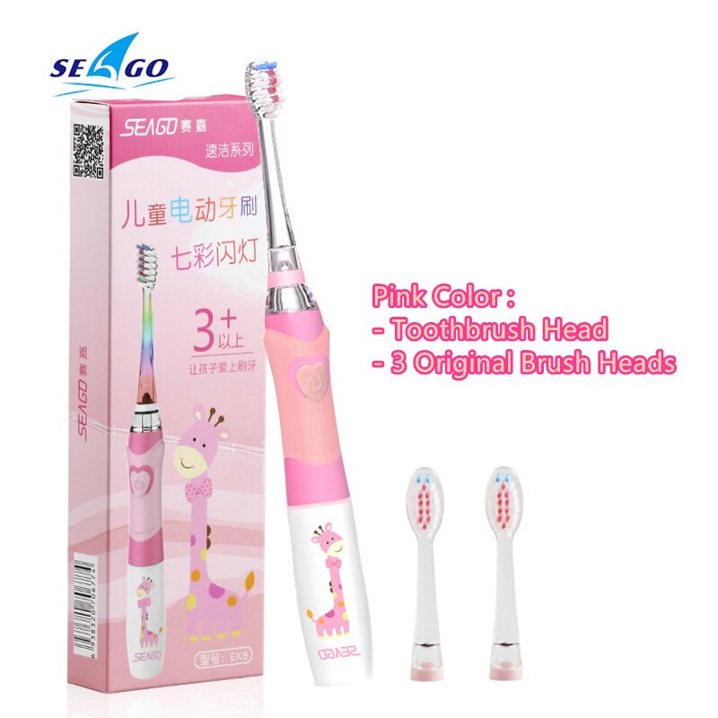 SEAGO Kinder Sonic Elektrische Zahnbürste Betriebene Wasserdichte LED Licht für 3-12 Alter Kinder Smart-Timer 3 Weichen Borsten pinsel Köpfe: Pink Set