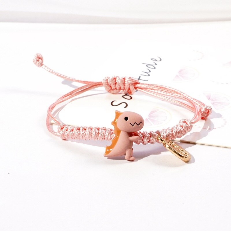 Cute Animal Children Bracelet Bikachu Dinosaur Rabbit Brown Bear Hand-Woven Rope Bracelet Adjustable Bracelet for Women: Pink dinosaur