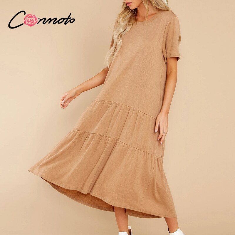 Conmoto Aline ethnic soild color loose women dress Summer causel cozy dress for ladies chic female dress