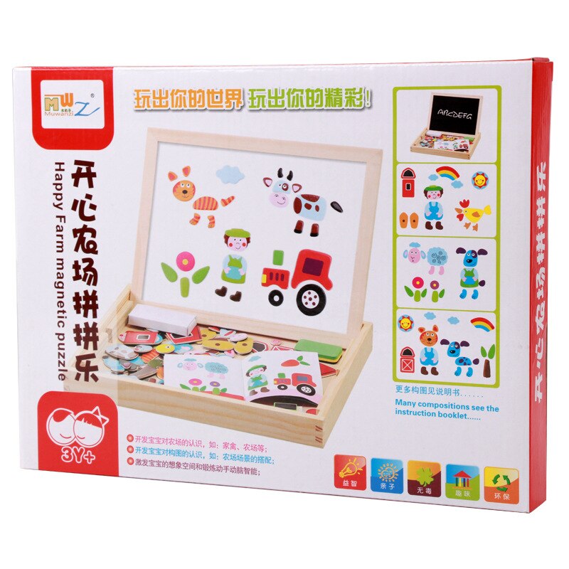 15 Style Wooden Magnetic Puzzle Double-Sided Drawing Board Farm/Animals/Vehicle/Circus Puzzle Toys for Children With Box