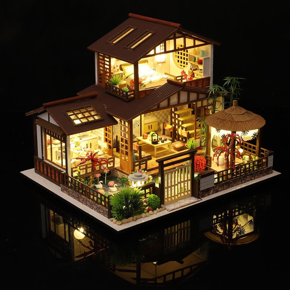 Miniatuur Poppenhuis Kit Diy Handgemaakte Chinese Stijl Houten Huis Met Meubels Muziek 9 Led Verlichting Voor Kerst