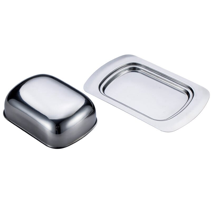 Caja ovalada de acero inoxidable para plato de mantequilla, contenedor con servidor de queso brillante, bandeja de almacenamiento con tapa fácil de sostener