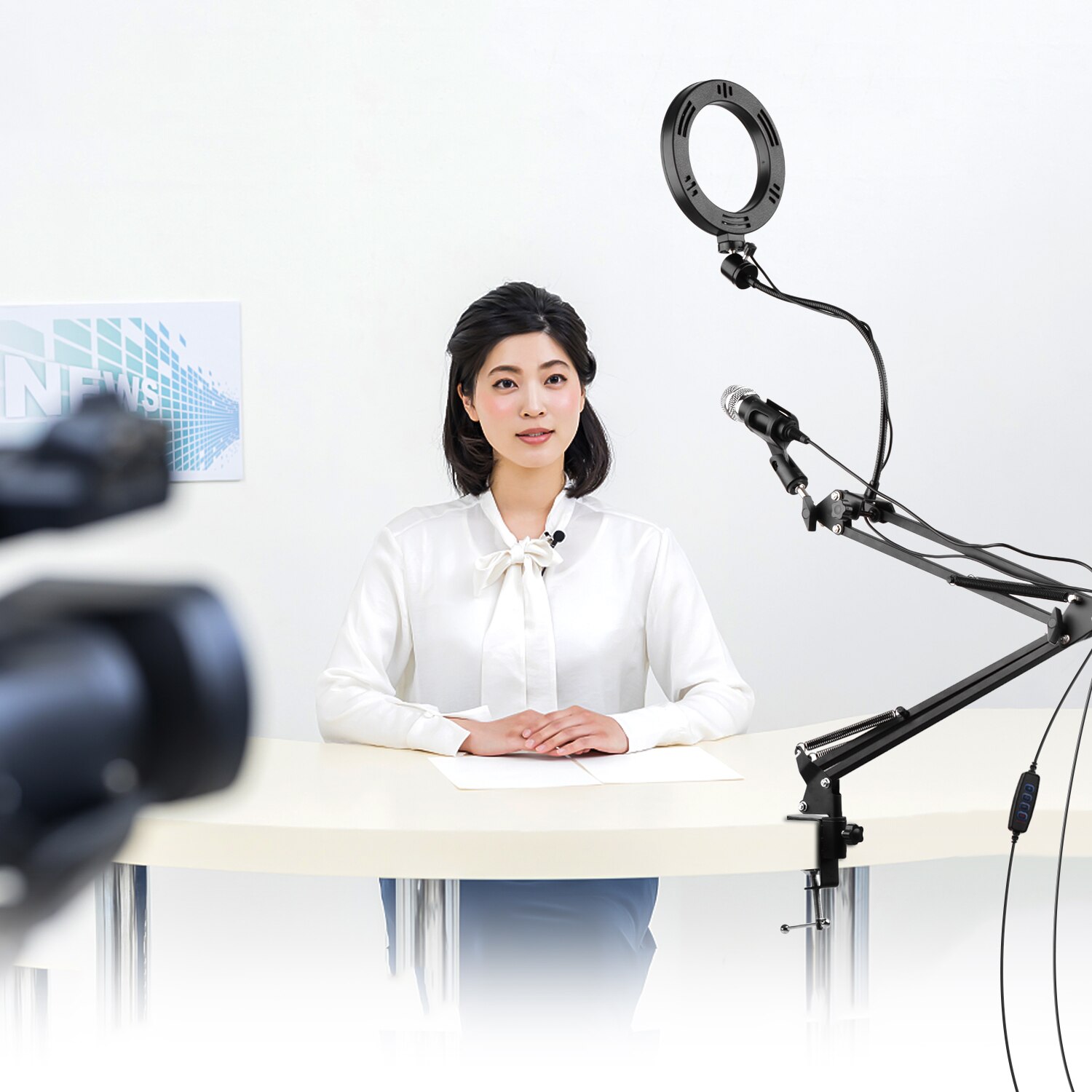 6.5inch/16cm Video Ring Light Kit with Articulating Arm Ball Head Light Stand Micropone Shock Mount Phone Clamp Remote Shutter