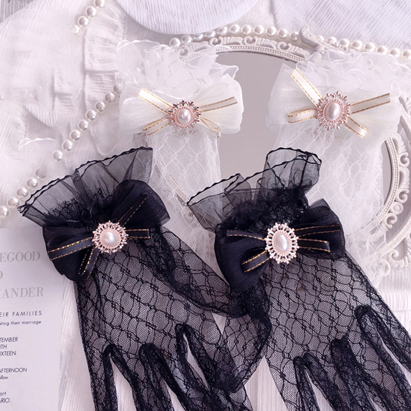 Japanese Soft Girl Black White Lace Gloves Girl gothic Lolita Mesh Bow Flower Lace Gloves Sweet Wristband Maid Cosplay Jewelry