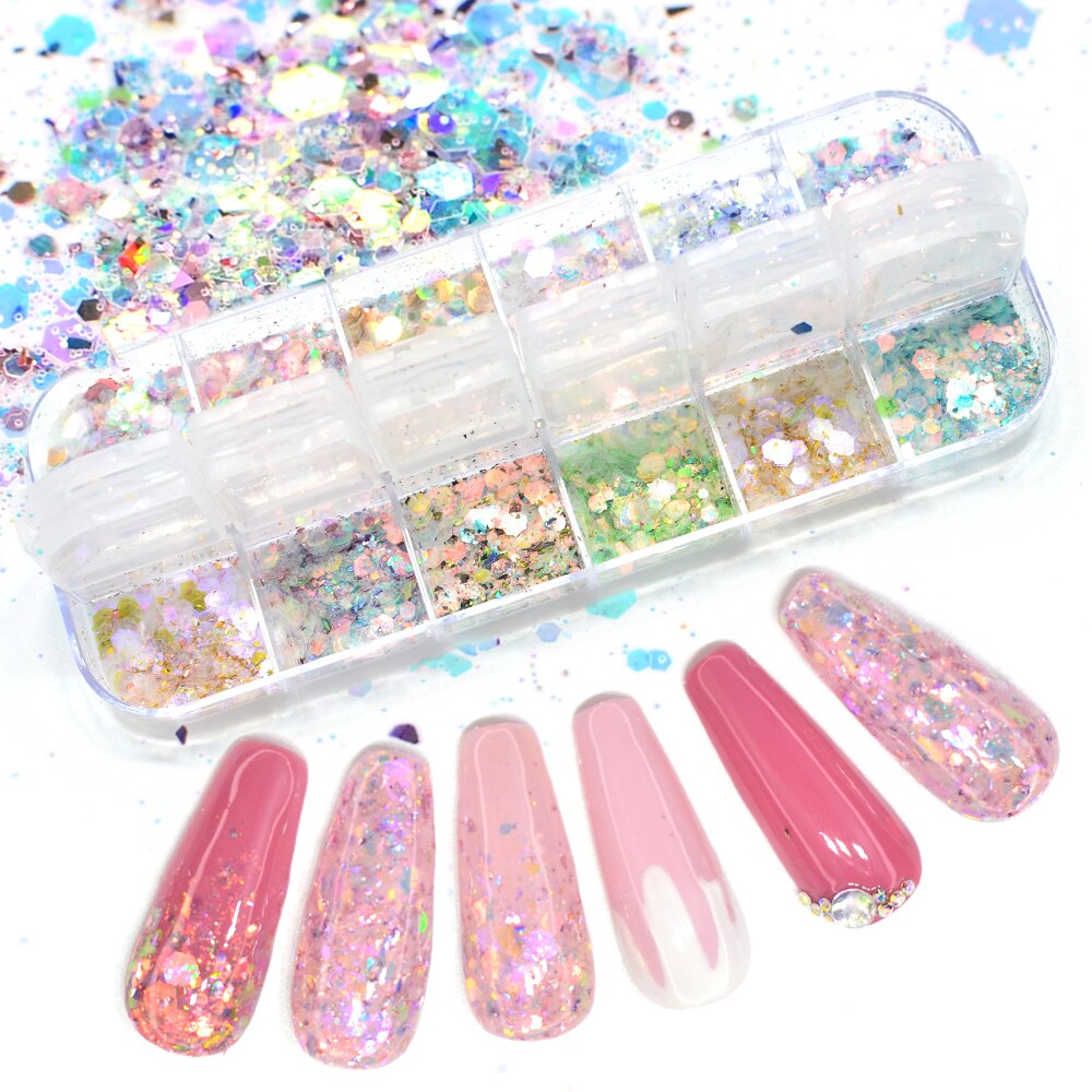 12 Kleuren/Box Kleurrijke Schalen Nail Pailletten Shining Gemengde Manicure Nail Art Accessoires Diy Voor Nagels Decoratie