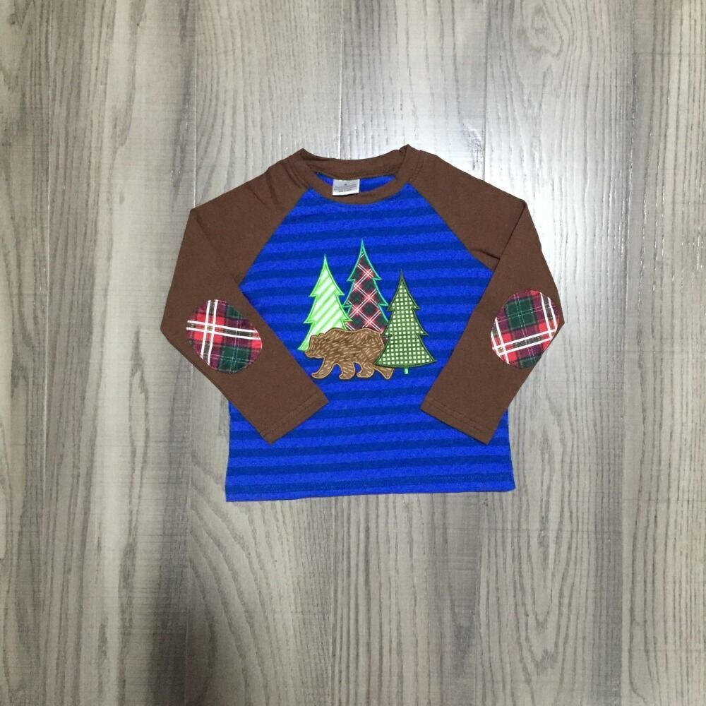 GirlyMax Winter Boys Christmas Bear Embroidered Raglan Kids Long Sleeve Blue Top: 5