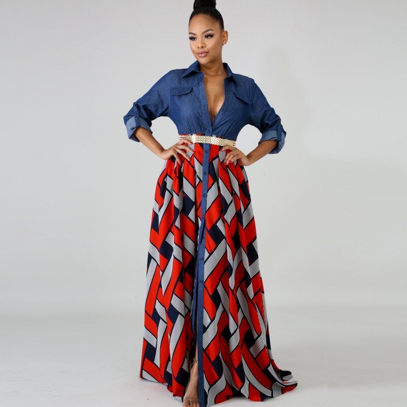 Big Swing African Maxi Dresses For Women Denim Patchwork Robes Gown African Party Dress Vestidos: Red / L