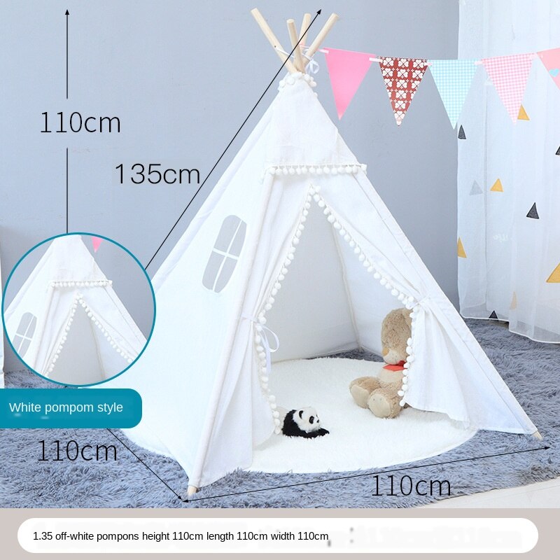 Tipi tent for kids Play-Tent Teepee House Wigwam Room Children's Tent Game-House Triangle Teepee Canvas Sleeping Dome 135cm: White pompom