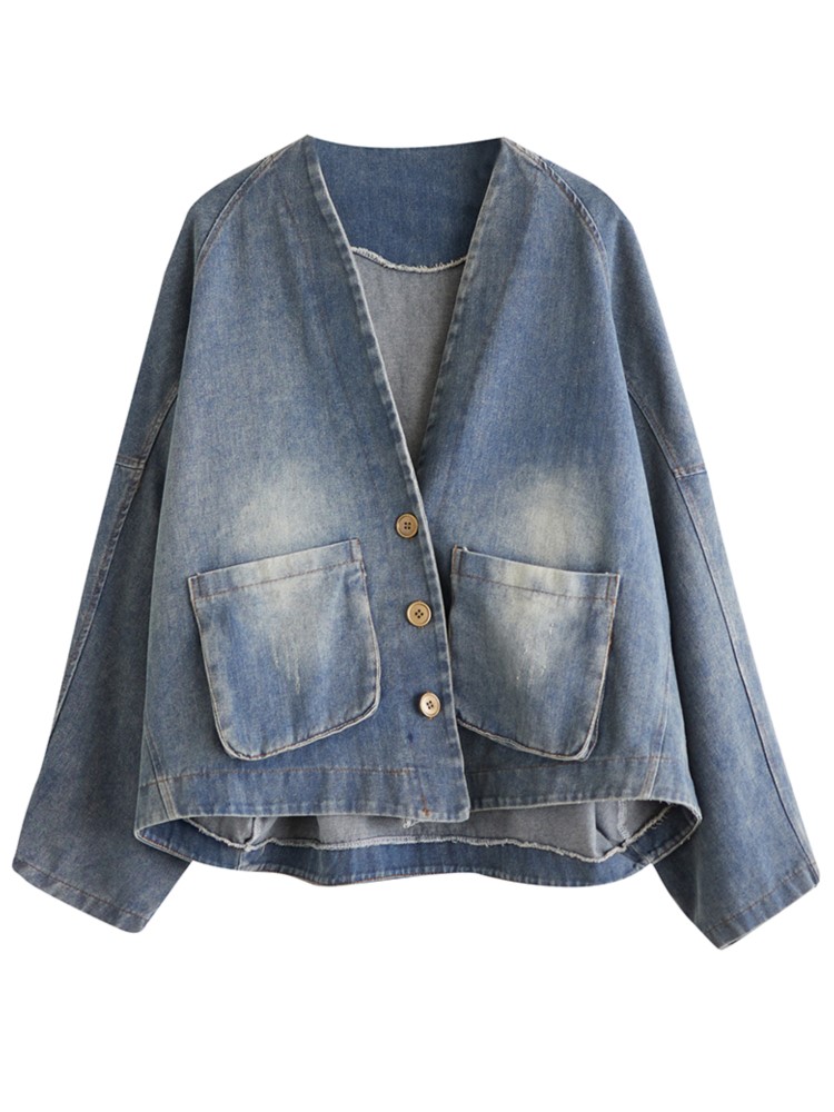 Denim oversized forårsfrakke kvinder afslappet løs plisseret dame cropped jakker langærmet v-hals damejakker frakker