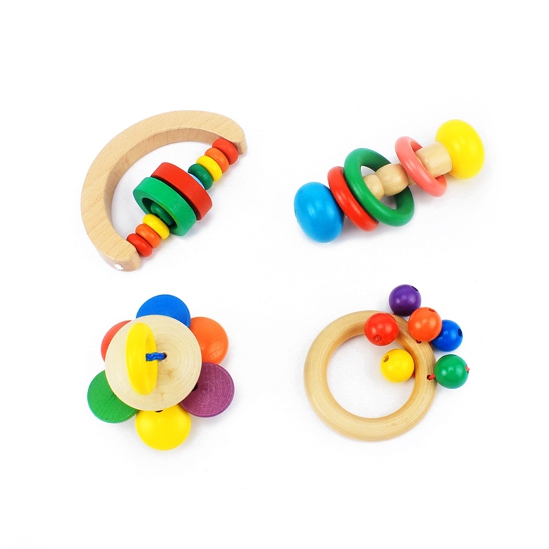 Baby Rattles & Mobiles Infant & Toddlers Wood Toy Wooden Geometric Shape Rattles Baby Wooden Toys Bell for Newborns Musical