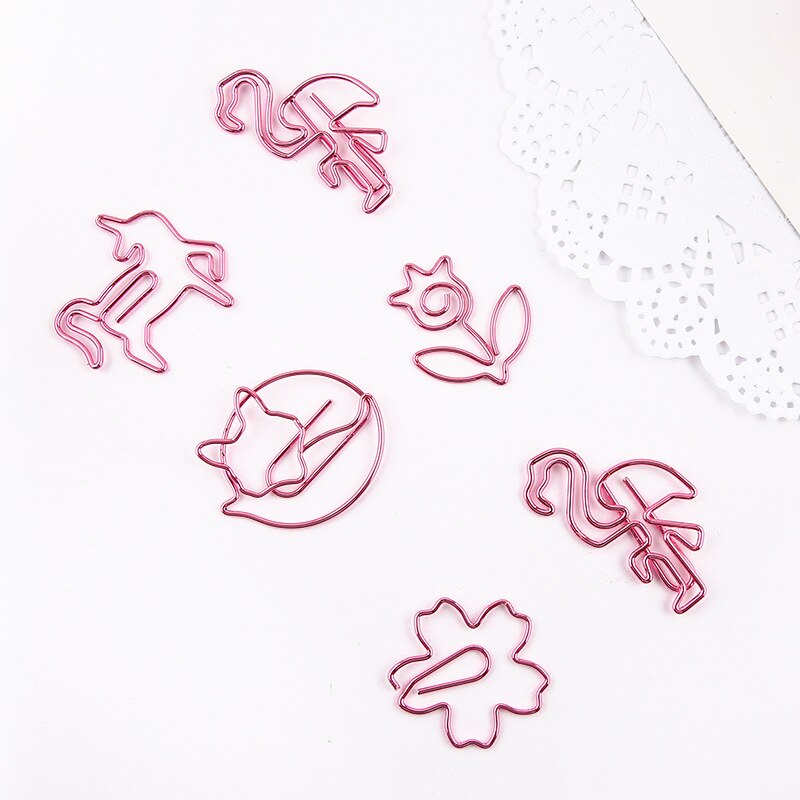 8pcs/box Cute Metal Paper Clips Flamingo Cactus Shaped Cartoon Binder Clip Kawaii Unicorn Planet Bookmark Memo Clips Stationery
